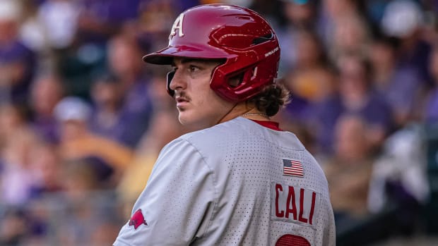 Razorbacks' Caleb Cali at the plate in Saturday evening's game against LSU in Baton Rouge, La.